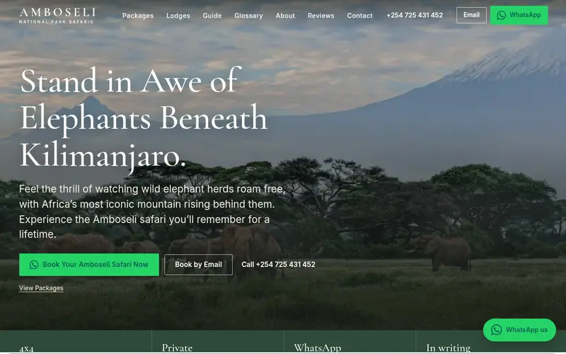 Home page of Amboseli National Park Safaris showing elephants with Mount Kilimanjaro behind