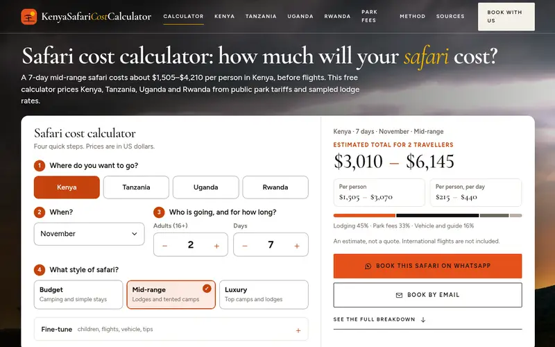 Kenya Safari Cost Calculator home page with destination, month, group size, days and safari style options