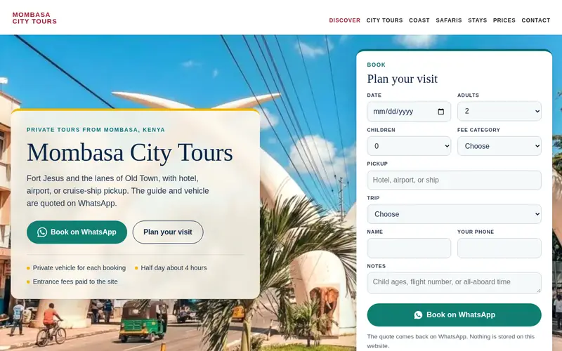 Mombasa City Tours home page with a booking form for Fort Jesus and Old Town tours
